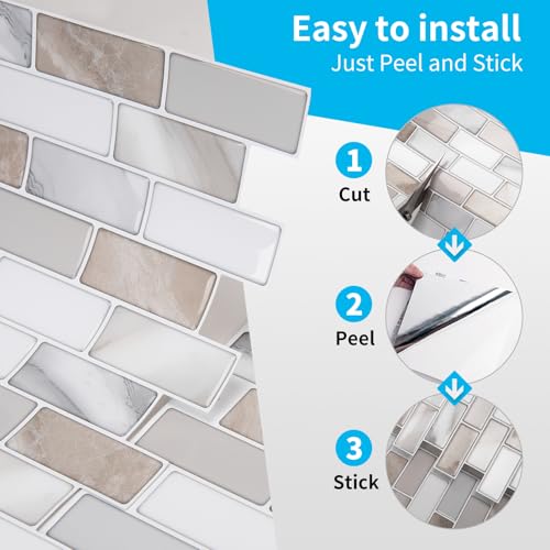 Art3d 10-Pack Marble Peel and Stick Backsplash, 12 x 12 in, Beige & White - color: Beige & White