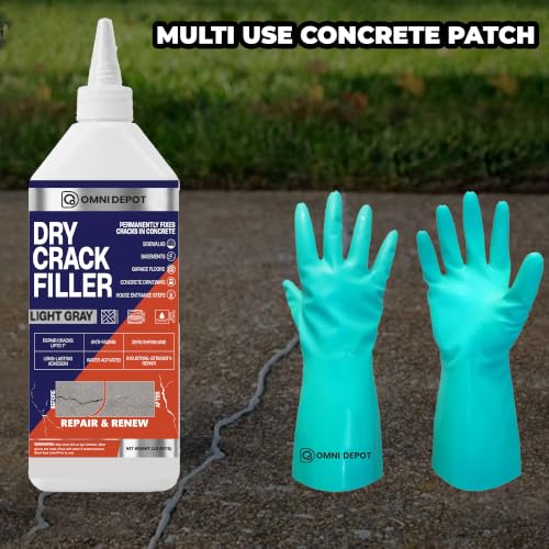Dry Crack Filler - 2 Lbs - Light Gray - Concrete Patio Repair - Basement Floor Crack Sealer - Garage Floor Patch - Concrete Repair for Driveways and More - Available with Omni Depot Gloves