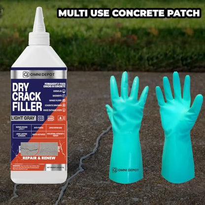 Dry Crack Filler - 2 Lbs - Light Gray - Concrete Patio Repair - Basement Floor Crack Sealer - Garage Floor Patch - Concrete Repair for Driveways and More - Available with Omni Depot Gloves