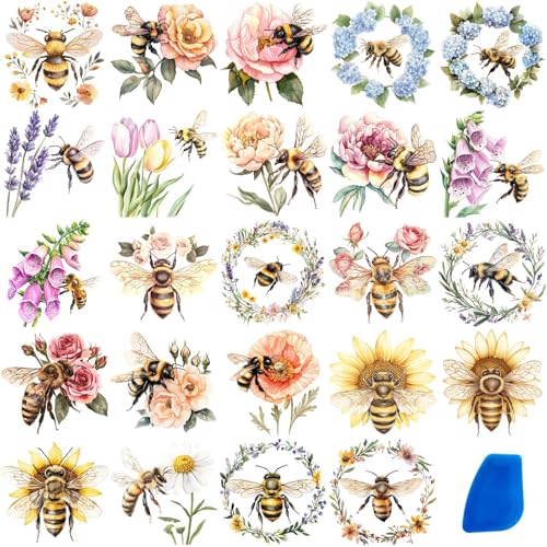 ZMRU 24 Sheets of Watercolor Style Rub on Transfers for Crafts - Perfect for Glass, Porcelain, Leather, Canvas, and Fabric Projects - IOD Transfers Included,3 * 3inch (Bee Flower) - style: Bee Flower