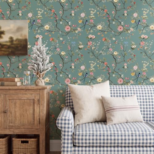 CHIHUT Bird Floral Wallpaper Peel and Stick Chinoiserie Contact Paper - color: Dusty Teal Blue, size: 17.7" x 236"