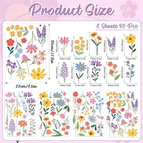 Spring Flower Wall Stickers, 8 Sheets 90 Pcs - color: Spring Flower