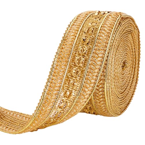 MAYJOYDIY 5 Yards Gold Metallic Jacquard Trim, 1-5/8inch Wide Indian Gimp Braid Emobridered Double Sided with Woven Golden Threads for Business Supply Curtains, Lampshade, Sofa DIY Sewing and Crafting