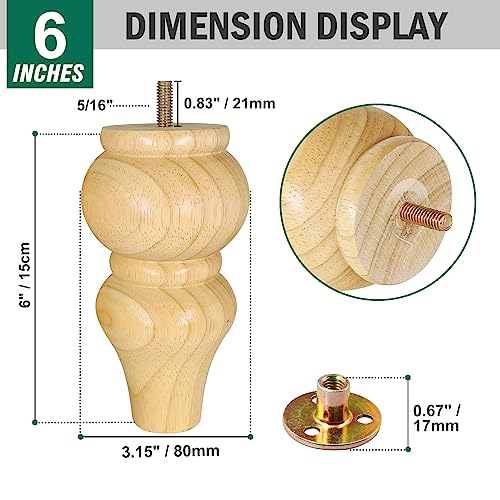 FoDau770 Rubber Wood Furniture Legs 6 Inch, Couch Feet Replacement, 4pcs - color: Original, size: 6 Inch