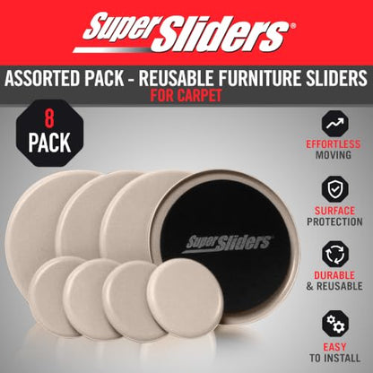 Super Sliders 8-Piece 7" and 3-1/2" Round Reusable Furniture Sliders for Carpet, Anti-Slip Protective Furniture Moving Pads for Beds, Sofas, Dressers, Beige
