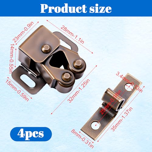 4pcs Double Roller Catch Cabinet Latch Hardware for Cupboard Closet Kitchen Cabinet Door Latches and RV Cabinets Closure Hardware and Catches for Cupboard and Closet Door Closing