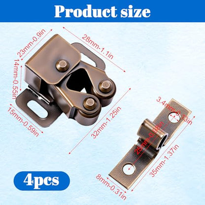 4pcs Double Roller Catch Cabinet Latch Hardware for Cupboard Closet Kitchen Cabinet Door Latches and RV Cabinets Closure Hardware and Catches for Cupboard and Closet Door Closing
