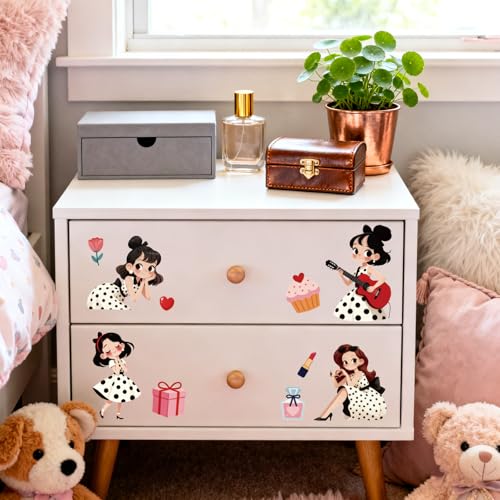 Peacoblue Polka Dot Girl Rub On Transfers for Furniture 6"x12" - style: Cartoon Girl with Polka Dot Skirt