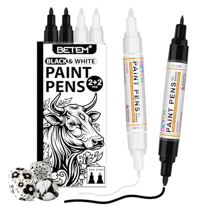 Betem 4 Oil Based Black White Paint Pens, Permanent Fabric Paint Markers - color: 2 Black & 2 White