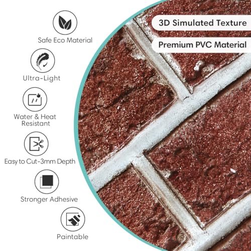 Commomy Faux Brick Panels Peel and Stick Wall Stickers 10 Pcs 11.8" x 11.8" - color: Brick-WR