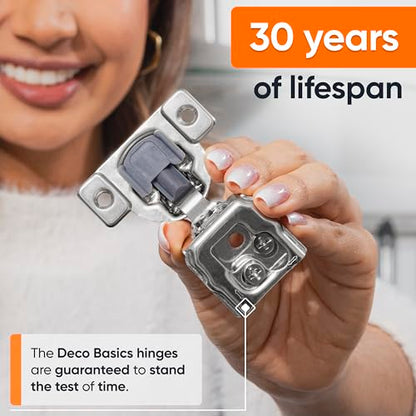 Decobasics 50 Pack Soft Close Cabinet Hinges – 1" Overlay for Kitchen Cabinet Doors, Face Frame Concealed Hidden Hinges – Stainless Steel, Self-Closing with 3-Way Adjustment & Slow Close Damper - size: 1 Inch