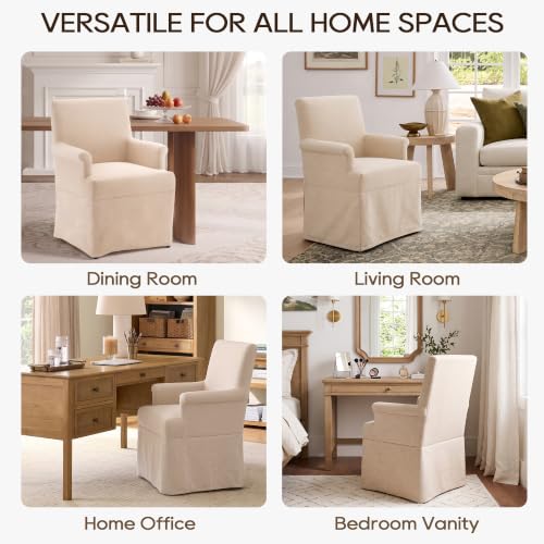 Arm Dining Chair Fabric Long Skirt Slipcovered High Back Upholstered Dinner - color: Beige, size: 1 PC