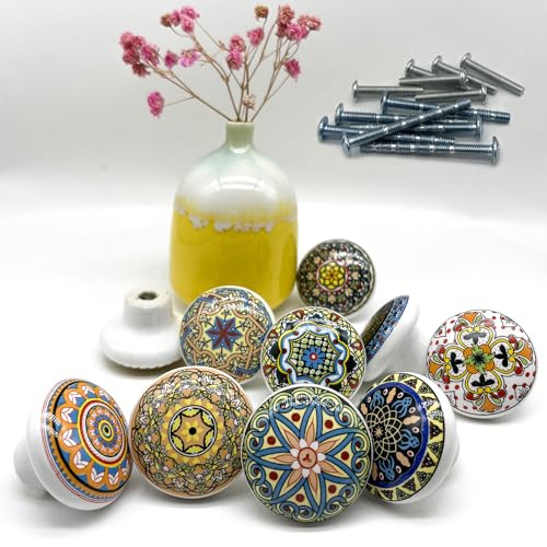 Bohemian Ceramic Knobs - 10Pcs Round Porcelain Knobs - Exquisite Ceramic Bohemian Handles - Bohemian Style Cabinet Knobs