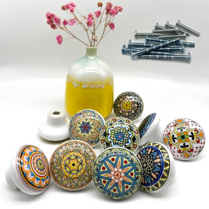 Bohemian Ceramic Knobs - 10Pcs Round Porcelain Knobs - Exquisite Ceramic Bohemian Handles - Bohemian Style Cabinet Knobs