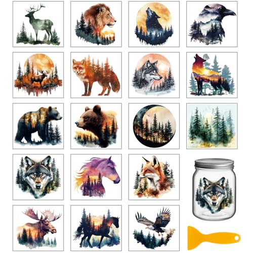 GLOBLELAND 18 Sheets Forest Animals Transfer Stickers 3.9x3.6inch Bear Deer Colorful Transfer Decal Fox Lion Rub on Transfer for Furniture Vase Glass Art Crafts Decorations - style: Forest Animals Tree