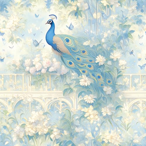 FLFK Peacock Wallpaper Peel and Stick Watercolor Garden Floral Wall Paper for Bedroom Shelf Cabinet Drawers Countertops 16" x 64" - color: Beige Light Blue, size: 16" x 64"