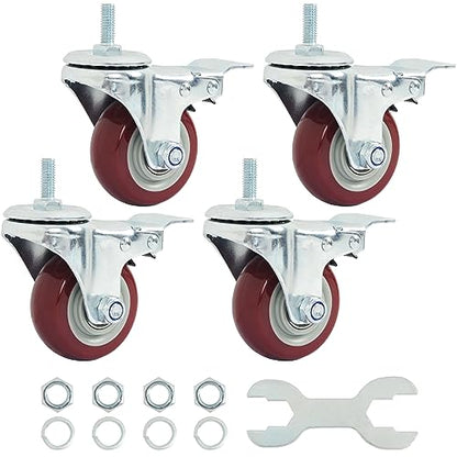 Finnhomy Swivel Caster Wheels 3 Inch Threaded Stem Casters Set of 4 Heavy Duty 3/8"-16 x 1 with Brake Polyurethane Industrial Locking Castors Wheels for Cart/Furniture 2200 Lbs Smooth Casters, Red - style: 3 inch