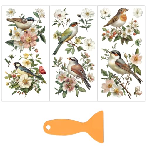 OLYCRAFT 3pcs/set Flower Bird Rub on Transfers for Furniture and Crafs 6x12 Inch Floral Furniture Decals Vintage Transfer Sticker Rub on Decal with 1pc Scraper for Wood Scrapbook Window DIY Home Decor - style: Floral Bird