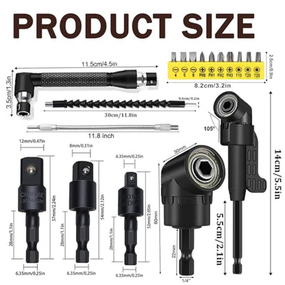 21pcs Right Angle Drill Attachment, 105 Degree Flexible Extension with Hex Shank, Rotatable Socket Adapter for Screwdriver Bits (black) - color: 21pcs-2