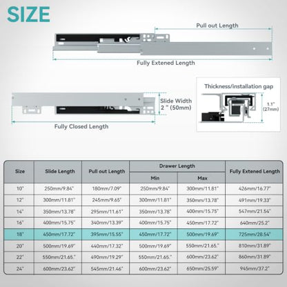 18 Inch Bottom Mount Soft Close Drawer Slides, 88 lbs Capacity - size: 18 Inch