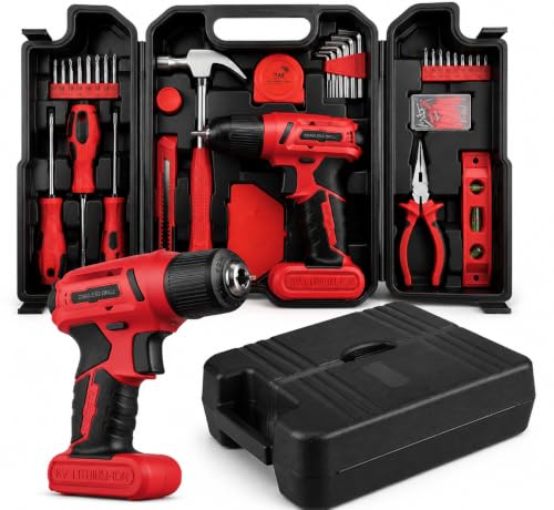 TLGREEN 101-Piece Tool Set with 8V Cordless Drill and Case, Red - color: Red
