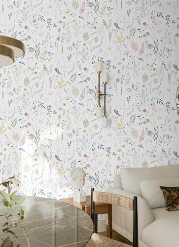Dimoon 787"x16.1" Floral Peel and Stick Wallpaper White Contact Paper Thicken Wallpaper Delicate Flower Waterproof Green Leaf White Self Adhesive Removable Wall Paper Shelf Liner Decal Vinyl Roll - color: White-Smooth, size: 16.1" x 787"