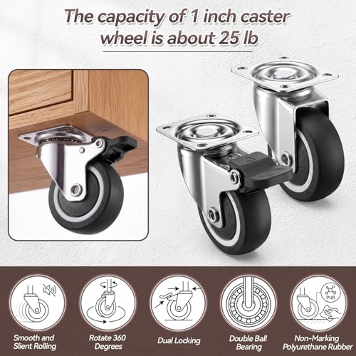 Hotop 8 Pcs 1" Low Profile Casters Wheels 200 lb Total Capacity - size: 1 Inch