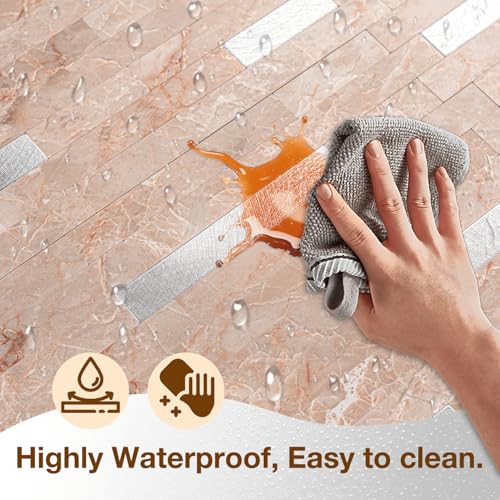 Peel and Stick Backsplash Tile Waterproof Removable PVC Wall Sticker 3D Faux Stone Marble Brick White Accent Panels (Pink Marble - Metal Silver, 40 Tiles - 18 sq. ft. (1.68 m²)) - color: Pink Marble - Metal Silver, size: 40 Tiles - 18 sq. ft. (1.68 m²)