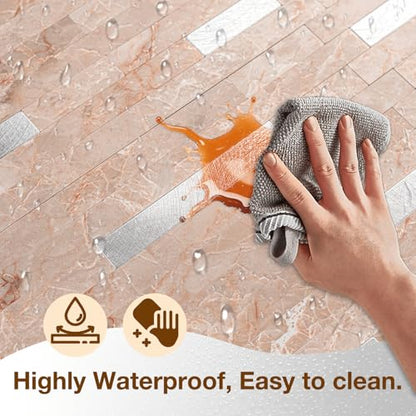 Peel and Stick Backsplash Tile Waterproof Removable PVC Wall Sticker 3D Faux Stone Marble Brick White Accent Panels (Pink Marble - Metal Silver, 40 Tiles - 18 sq. ft. (1.68 m²)) - color: Pink Marble - Metal Silver, size: 40 Tiles - 18 sq. ft. (1.68 m²)