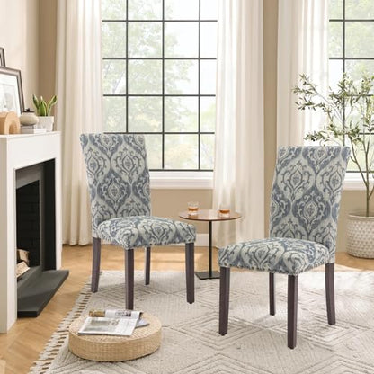Parsons Dining Chairs Set of 2, Upholstered Nailhead Dining Room Kitchen Side Chair with Thick Cushions and Wood Legs, White/Blue - color: White/Blue, size: set of 2