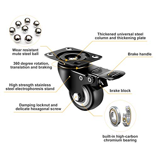 2 inch Casters Set of 4 with Brake, Polyurethane (PU) and Floor Protection, Noise-Free 360 Degree Swivel Wheels, Load Capacity-800lbs, Set of 4 (Includes Complete Screws Sets with Accessories) - size: 2 inch V-Black