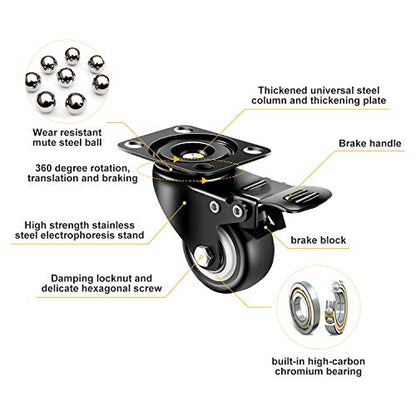 2 inch Casters Set of 4 with Brake, Polyurethane (PU) and Floor Protection, Noise-Free 360 Degree Swivel Wheels, Load Capacity-800lbs, Set of 4 (Includes Complete Screws Sets with Accessories) - size: 2 inch V-Black