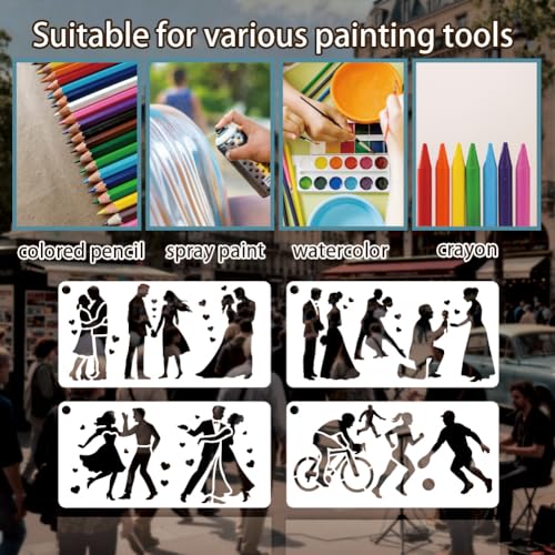 12 Sheets Human Silhouette Stencils for Painting, 12 Styles Dancing Person Drawing Templates Family Silhouette Plastic Art Templates for Painting on Wall Wood Home Decor, 240x120mm - style: Human Silhouette