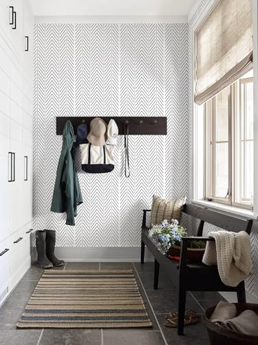 Black and White Wallpaper Striped Contact Paper Modern Wall Paper Peel and Stick Herringbone Renter Friendly Self-Adhesive Waterproof Removable Bathroom Bedroom Vinyl 17.3" x 78.7" - color: White and Black, size: 17.3" x 78.7"