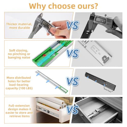 1 Pair 20 Inch Full Extension 3-Fold Adjustable Drawer Slides Soft Close - size: 20 Inch
