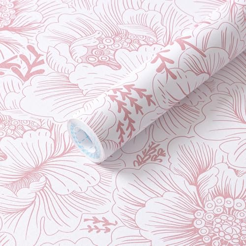 GloryTik Floral Wallpaper Peel and Stick Pink and White Contact Paper Boho Modern Removable Self Adhesive Waterproof Nursery Wall Paper for Bedroom Bathroom Cabinets Decor Vinyl 17.3" X 197" - color: Pink, size: 17.3" x 197"