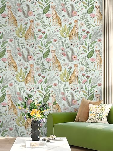 Floralplus Wallpaper Peel and Stick Jungle Leopard Wallpaper - color: Mint Green, size: 17.5" x 118"