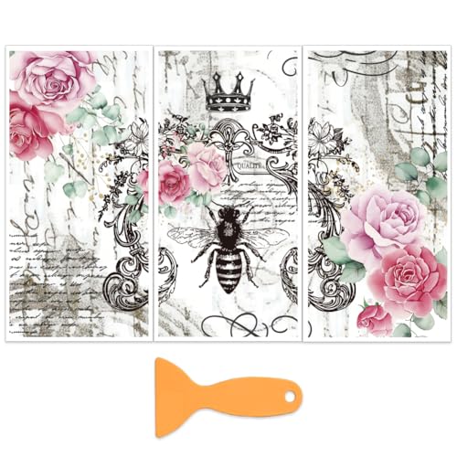 OLYCRAFT 3Pcs/Set Rose and Bee Rub on Transfers for Furniture and Craft 6x12 Inch Vintage Poetry Furniture Decal Transfer Stickers Rub on Decal with 1pc Scraper for Scrapbook Window Home Decoration - style: Rose and bee