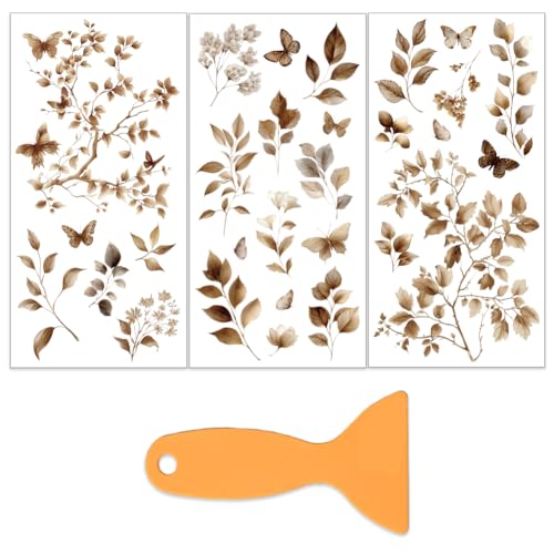 OLYCRAFT 3Pcs Brown Plants Rub on Transfers with Butterflies 6x12 Inch Vintage Flower Furniture Decals Decor Brown Flowers Transfer Stickers with 1Pc Scraper for Glass Cups Cabinets Decor - style: Brown plants
