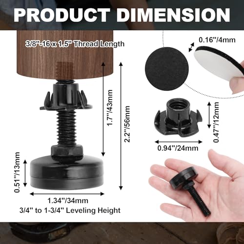 Luomorgo Adjustable Leveling Feet with T-Nut, 4 Pcs, 3/8"-16 x 1.5