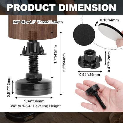 Luomorgo Adjustable Leveling Feet with T-Nut, 4 Pcs, 3/8"-16 x 1.5