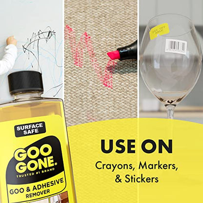 Goo Gone Original Liquid - 8 Ounce - Surface Safe Adhesive Remover Safely Removes Stickers Labels Decals Residue Tape Chewing Gum Grease Tar Crayon Glue (Pack of 3) - size: 8 Fl Oz (Pack of 3)