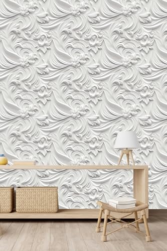 Peel and Stick Wallpaper White Gray Scroll Floral Accent - color: White&Light Gray, size: 17.7" x 118"