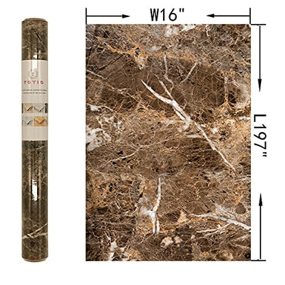 Dark Brown Marble Paper Thick Glossy Countertop Contact Paper for Kitchen Bathroom Self Adhesive Waterproof Granite Wallpaper Stick and Peel Counter Top Laminant Marble Vinyl Countertop Wrap - color: Dark Brown, size: 16" x 197"