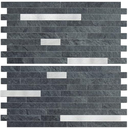 AULIGET 20 Sheets Black Slate Peel and Stick Backsplash, PVC Mixed Metal Silver Wall Tile Stick on Backsplash for Kitchen and Bathroom - color: Black Slate + Metal Silver, size: 20 Sheets, 6"x12"x0.12"