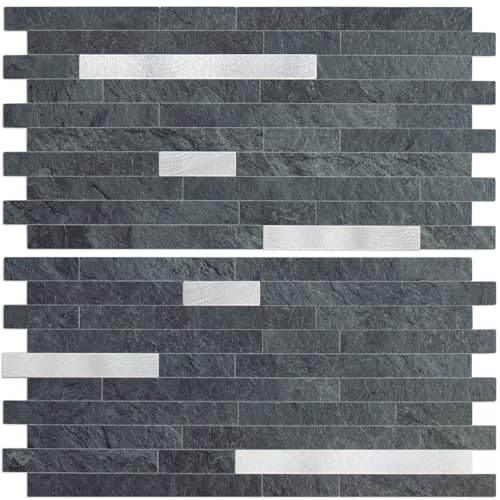 AULIGET 20 Sheets Black Slate Peel and Stick Backsplash, PVC Mixed Metal Silver Wall Tile Stick on Backsplash for Kitchen and Bathroom - color: Black Slate + Metal Silver, size: 20 Sheets, 6"x12"x0.12"