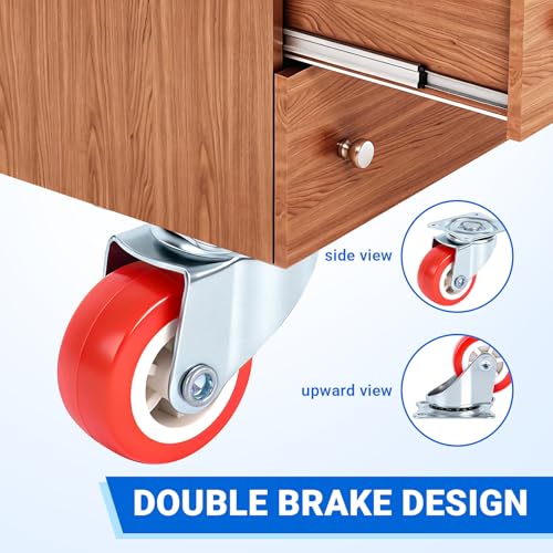 1.5 Inch Caster Wheels Set of 4, 4 Swivel, Red PU, Plate Mount - size: 1.5 Inch
