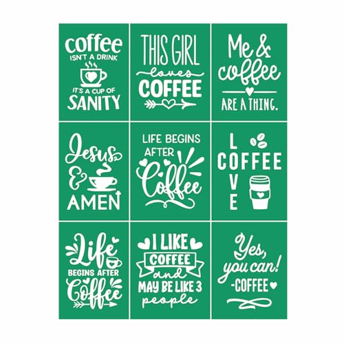 JAJADO Coffee Silk Screen Transfer Reusable Adhesive Stencils Coffee Quotes Reusable Silk Screen Stencils Chalk Paste Paint Stencil for Crafts on Wood/Fabric/Wall/Cup/Plate/Glass/Paper 8.5x11“ - color: Coffee Sayings 8.5x11 inch