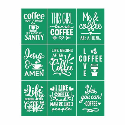 JAJADO Coffee Silk Screen Transfer Reusable Adhesive Stencils Coffee Quotes Reusable Silk Screen Stencils Chalk Paste Paint Stencil for Crafts on Wood/Fabric/Wall/Cup/Plate/Glass/Paper 8.5x11“ - color: Coffee Sayings 8.5x11 inch