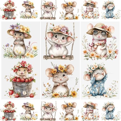WANDIC 3 Sheets Rub On Transfer Stickers, Flower Mouse Pattern Waterproof Decals Furniture Craft Decorative, Junk Journals for DIY Cabinet, 15 * 30cm - color: Flower Mouse